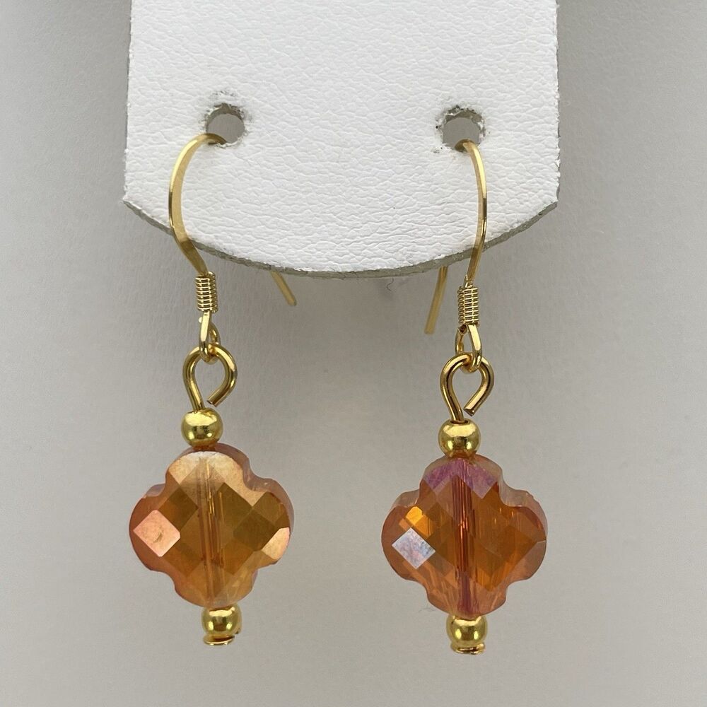 18K Gold Plated Metallic Orange AB Clover Flower Beaded Dangle Earrings Dainty